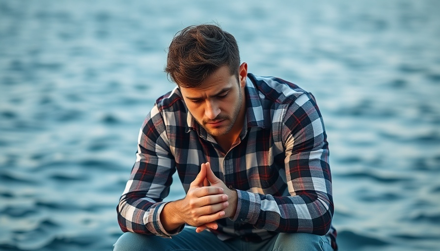 Man experiencing stress beside a tranquil ocean