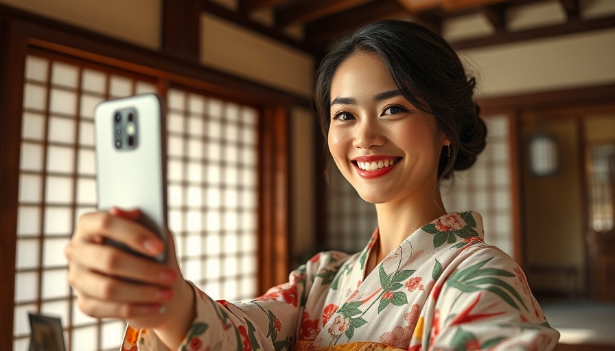 Woman in kimono smiling for a selfie indoors.