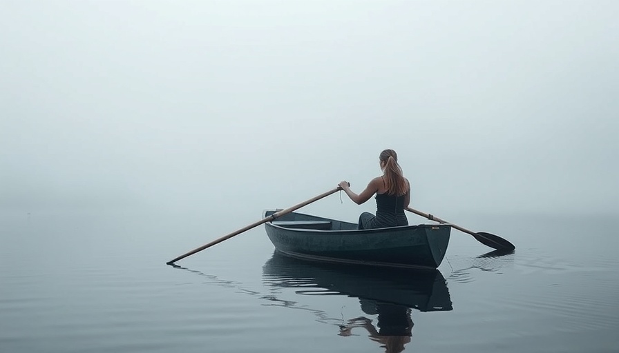 Mindfulness in yoga; woman rowing on a misty lake.