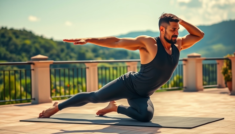 Morning yoga flow benefits with man practicing side plank outdoors.