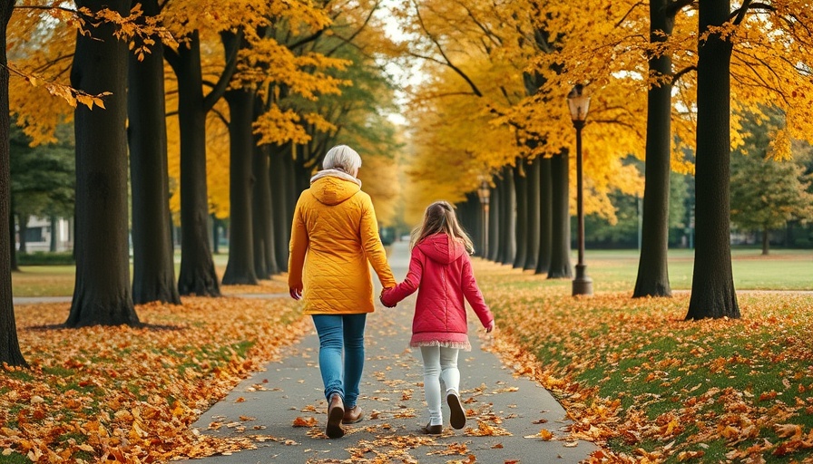 Mother and daughter walking in autumn park, highlighting mindfulness in yoga.