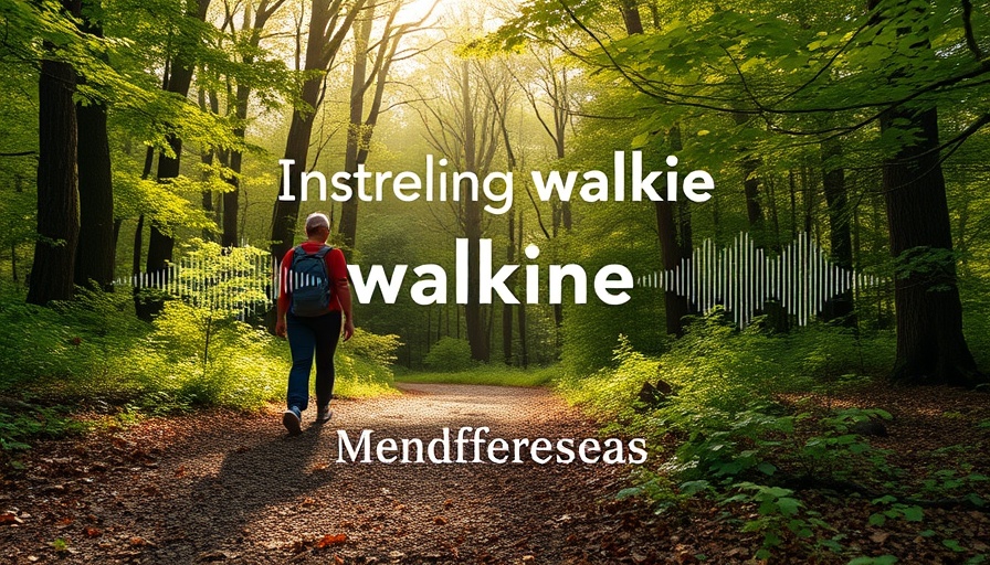 Mindful walking meditation concept with forest and audio waves.