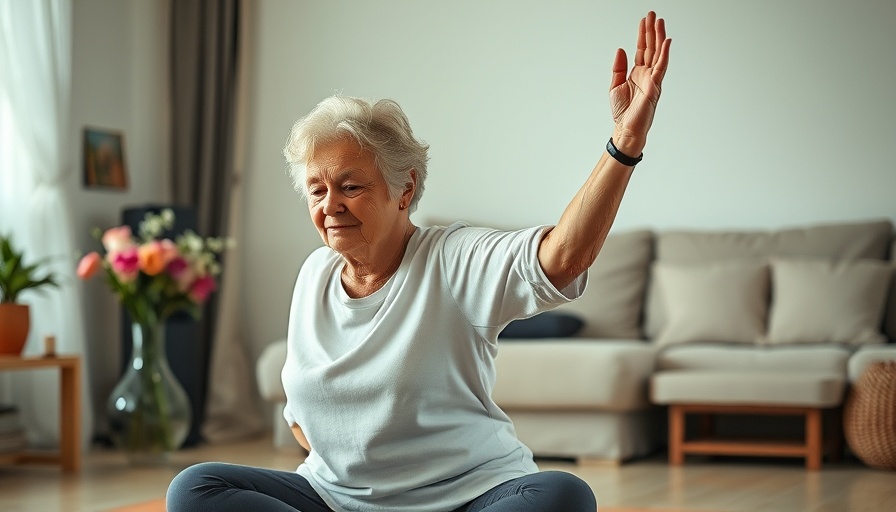 Elderly woman practicing yoga for menopausal symptoms indoors.