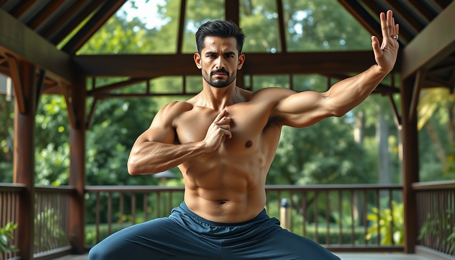 Man practicing yoga for strength and flexibility in a serene outdoor setting.