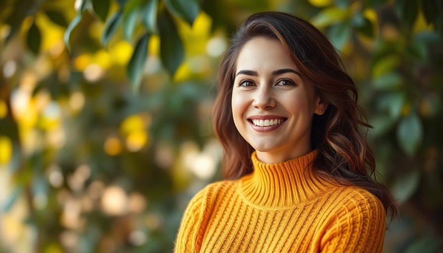 Mindful body yoga promotion featuring smiling woman in nature.
