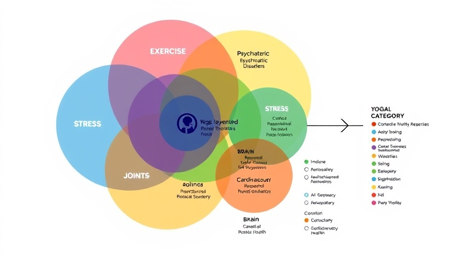 Colorful diagram of yoga research AI map with categories and connections.
