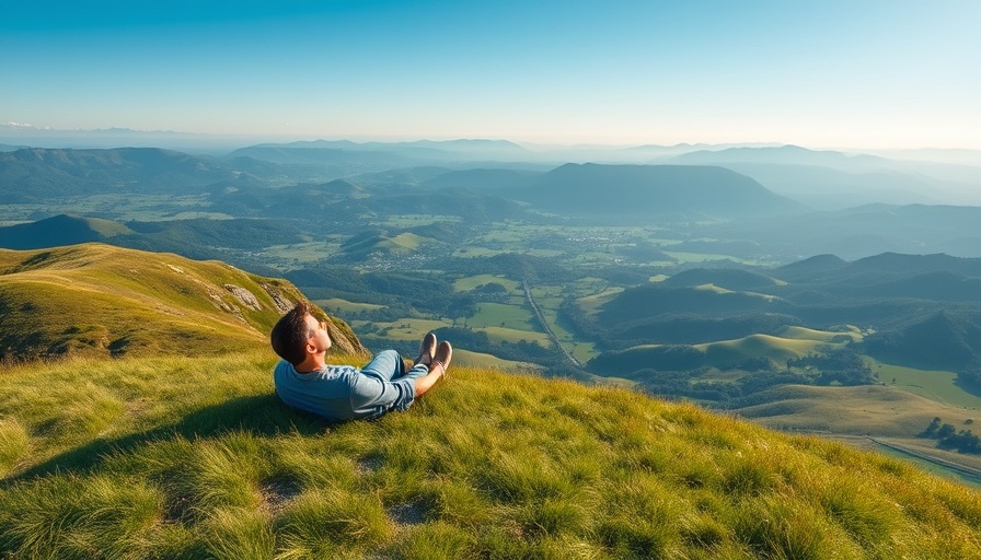 Mindful relaxation in nature on a grassy hill with valley views.