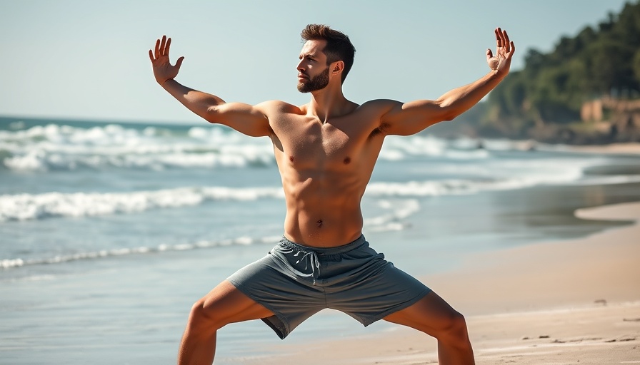 Man practicing yoga on beach during 15 Min Morning Yoga Flow.