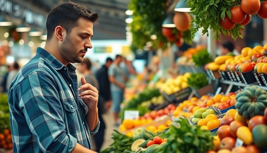 Casual man selecting produce at a vibrant market.