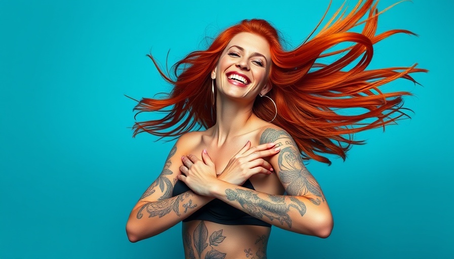 Dynamic red-haired woman experiencing somatic shaking benefits, tattoos visible.