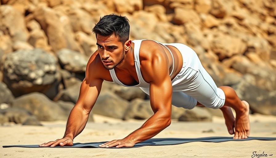 Core strength yoga on the beach with a fit male in plank pose.