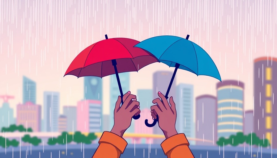 Hands holding umbrellas in rain, city background, 12-Minute Meditation.
