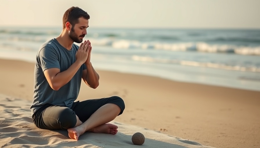 Man practicing box breathing for stress relief on peaceful beach.