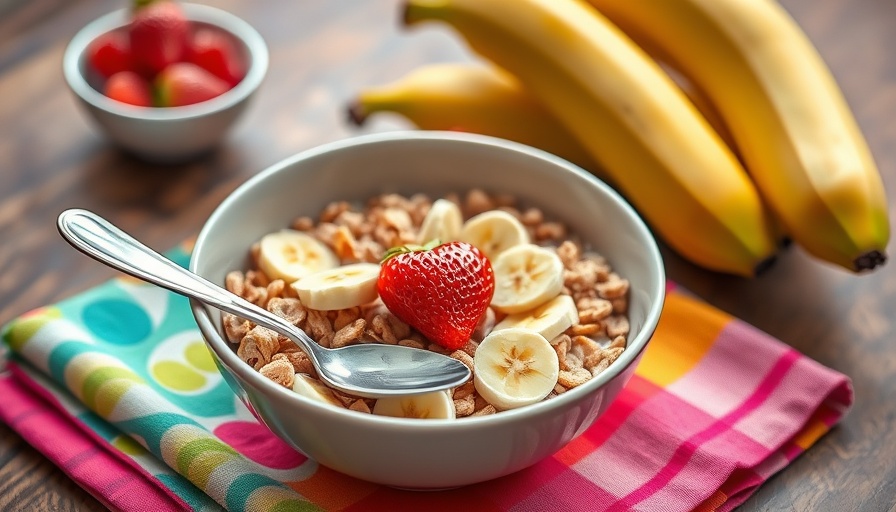 Healthy breakfast cereal with fruits on a wooden table.