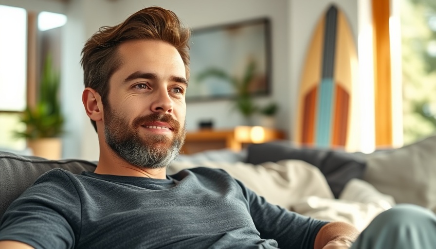 Casual man relaxing indoors with surfboard in the background