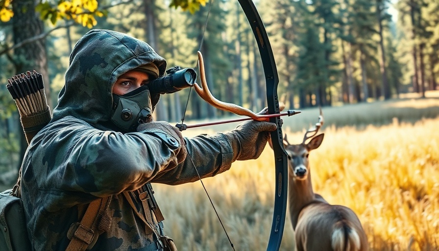 Archer hunting a buck in the forest, intense focus, watercolor.