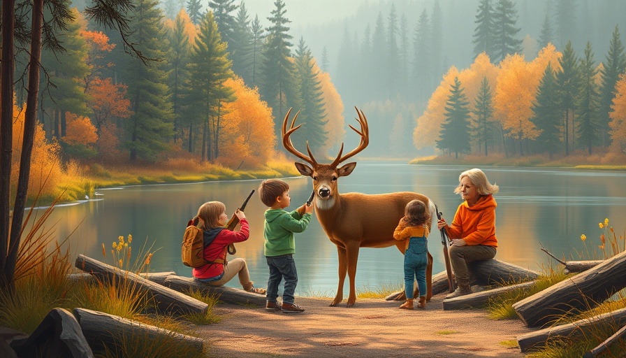 Family introducing kids to deer hunting in a serene autumn forest.