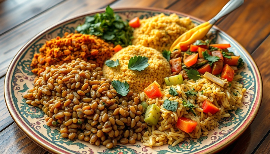 Ethiopian vegetarian food on a decorative plate.