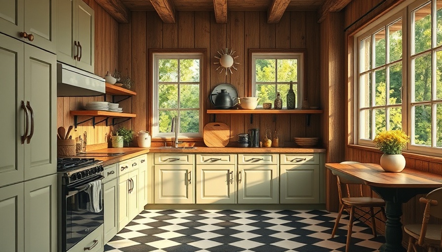 Cozy rustic kitchen design with green cabinets and natural light.