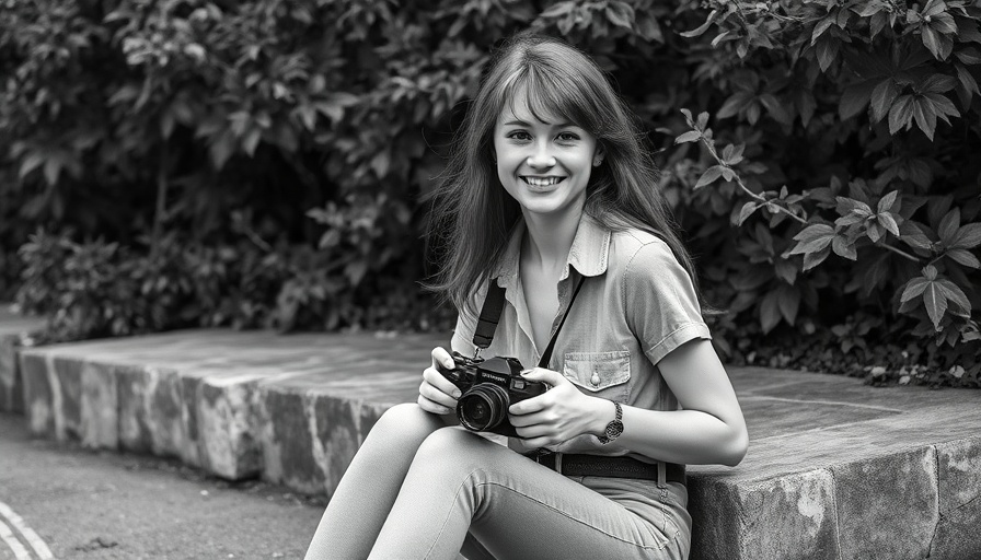 Vintage photo of young woman in 1970s style holding a camera, open book.