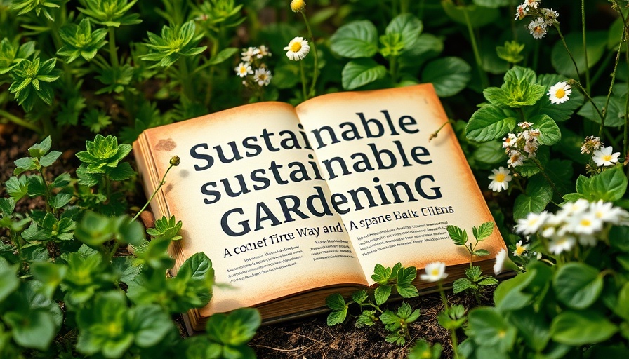 Book on sustainable gardening practices surrounded by lush greenery.