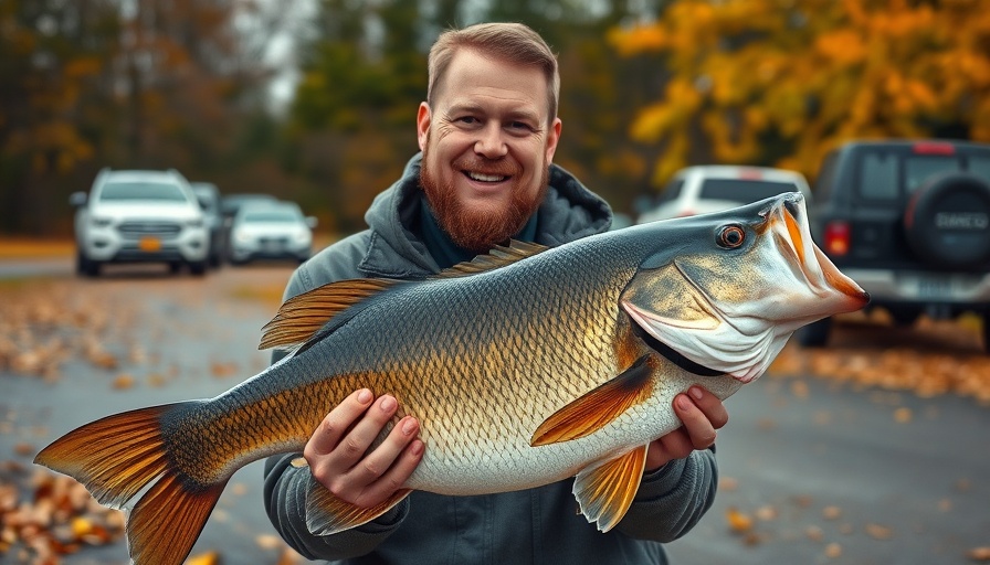 Smiling man holds a large bass fish, outdoors, Tennessee Record Bass.