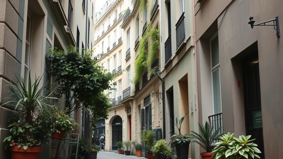 Charming indoor-outdoor living alleyway in Paris with plants.