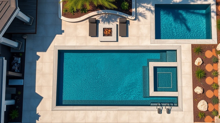 Aerial view of a resort-style backyard with pool and loungers.