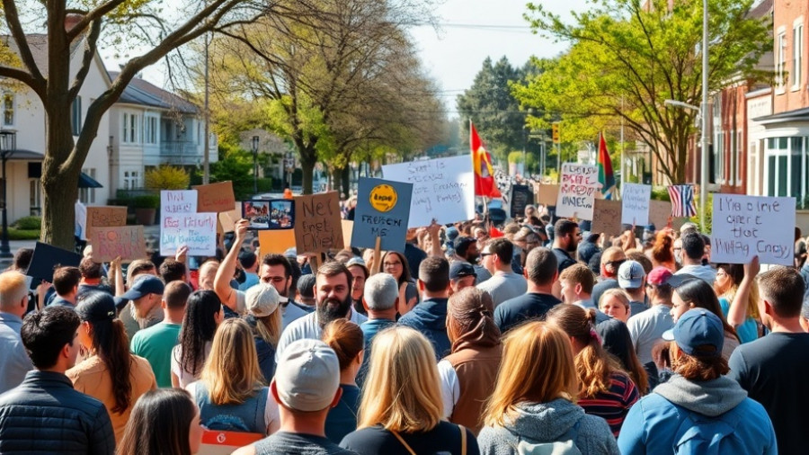 No Kings protest against Trump administration with diverse group holding signs.