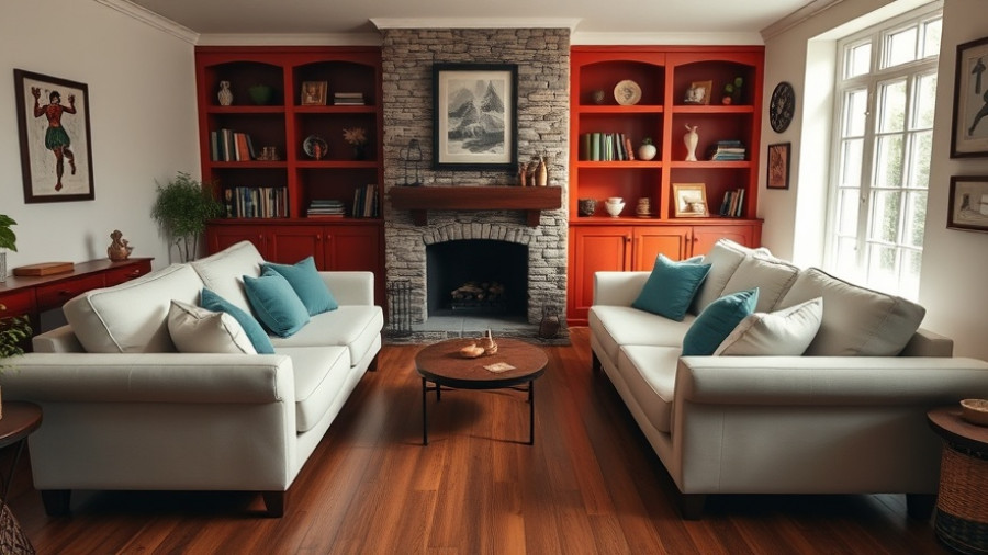 Cozy sectionals with teal cushions in small space near fireplace.