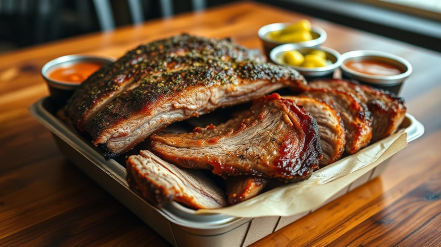 Texas-style brisket and ribs with pickles and sauces in takeout.