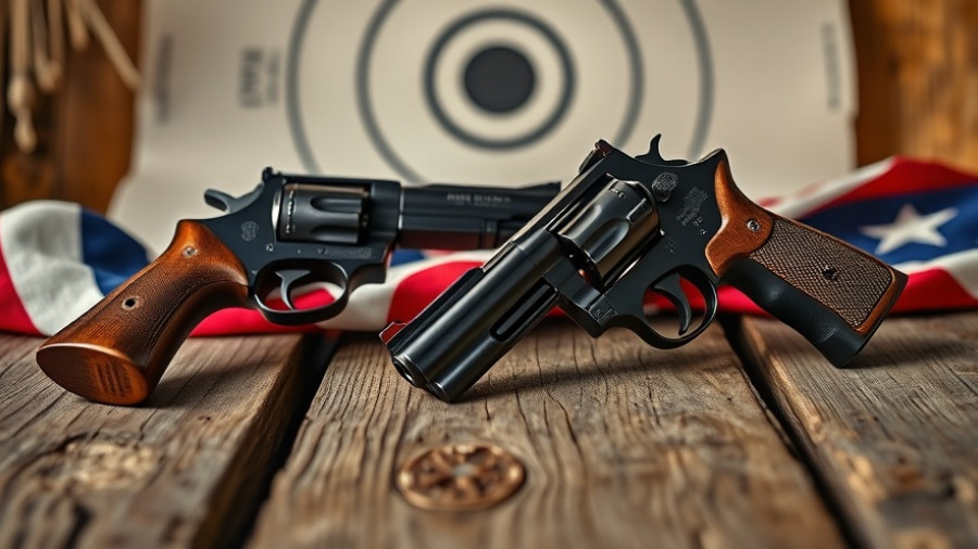 Classic American handguns with a flag and target, symbolizing firearm history.