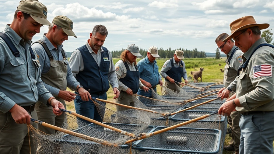 Federal employees working at fish hatchery under sunny skies, depicting rural job setting.