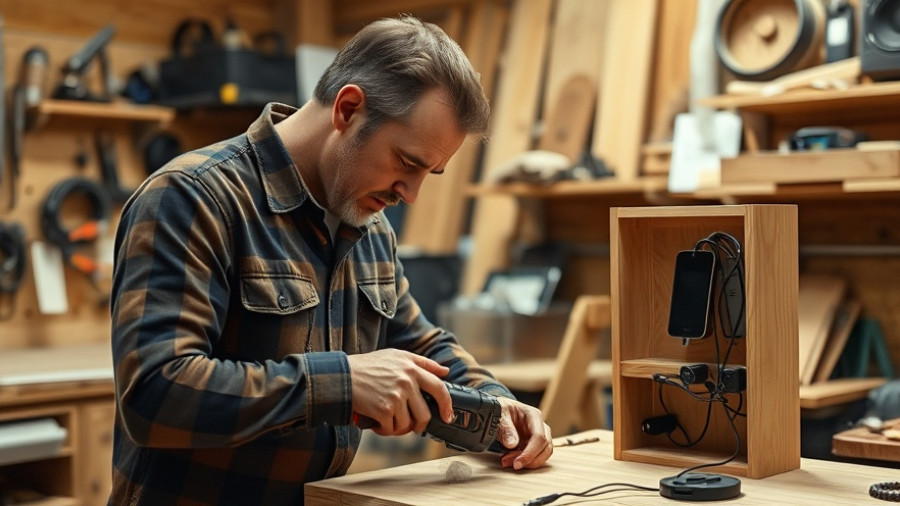 Person builds wooden DIY charging station in workshop.