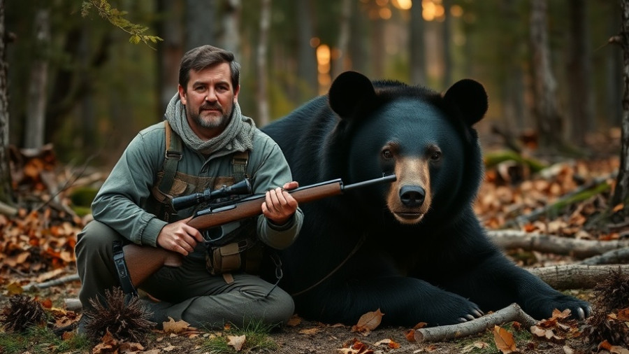 Maine guide with rifle beside a state-record black bear in forest at night.