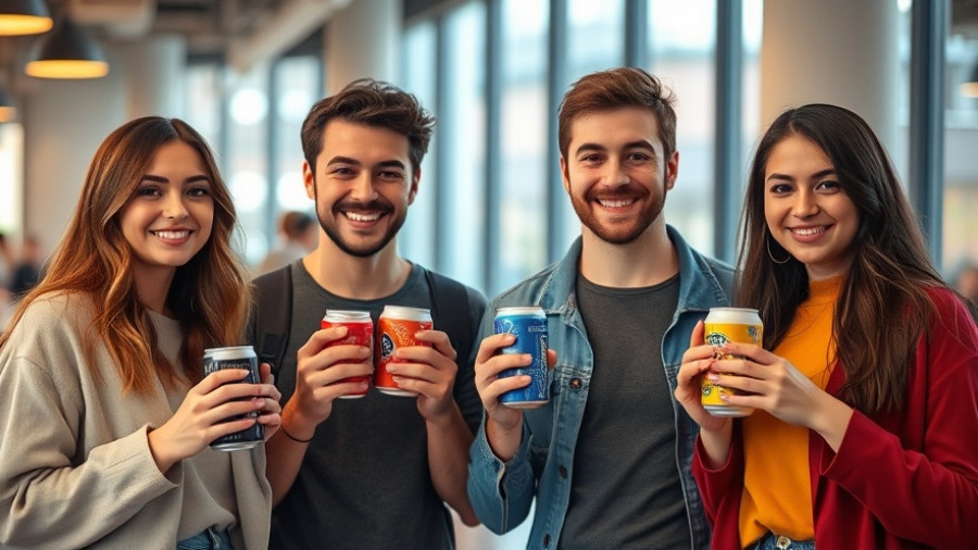 Casually posed individuals with coffee soda cans in a modern setting.
