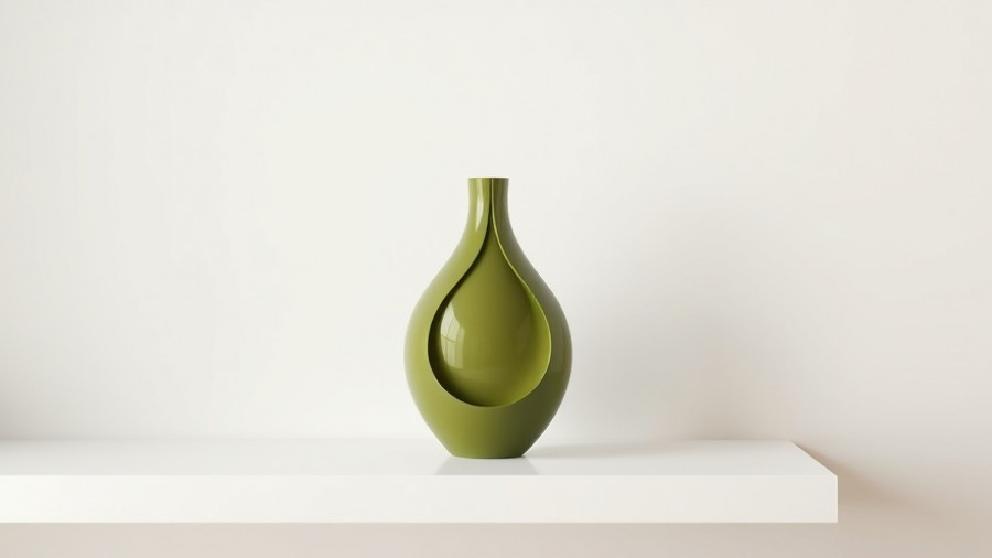 Minimalist olive green vase on white shelf for olive green home decor.