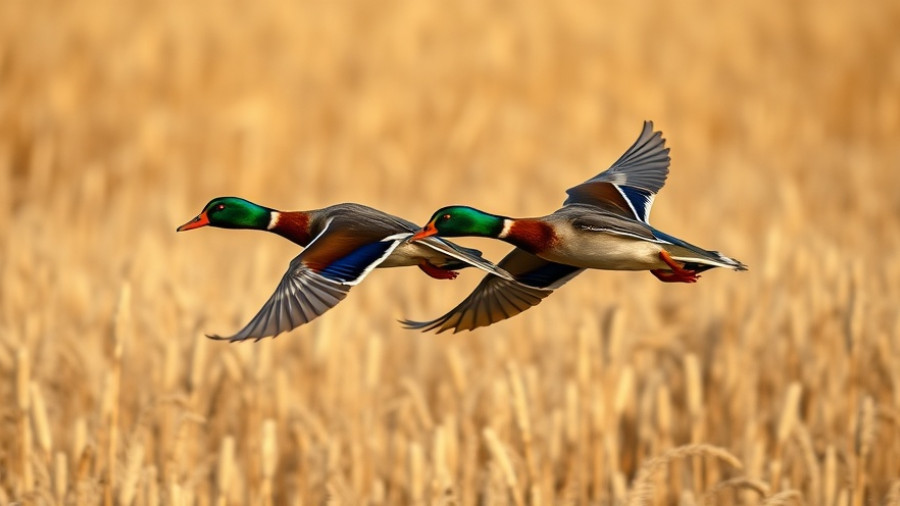 Vibrant ducks gliding over reeds highlighting AI hunting regulations.