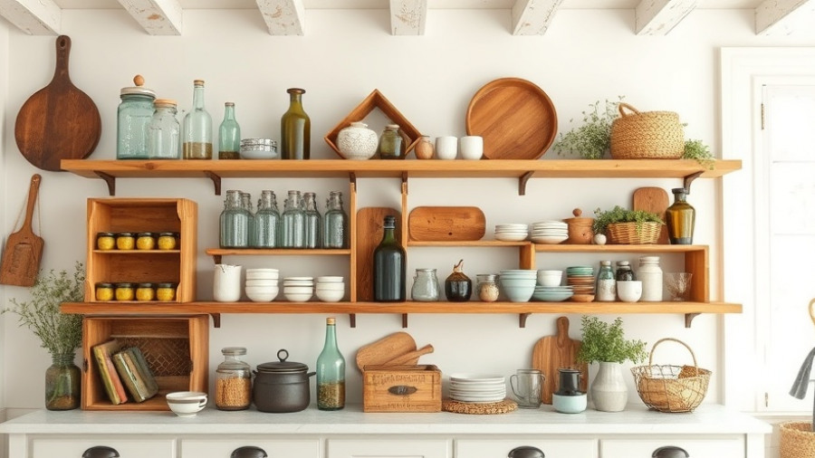 Rustic kitchen shelf arrangement for slow pursuits and healthy living.