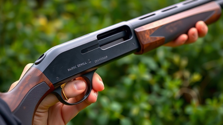 Detailed close-up of Benelli shotgun over ballistic gelatin outdoors.