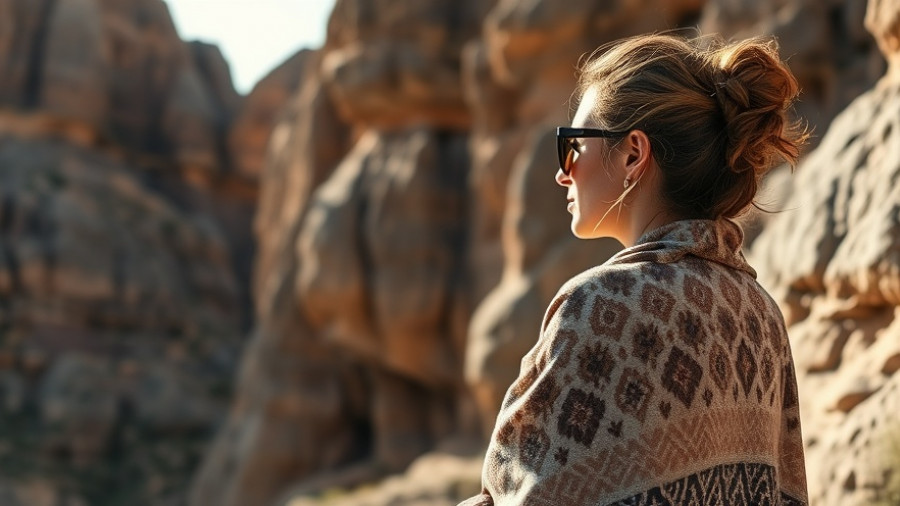 Stylish woman with shawl in rocky landscape for Exclusive October Home Deals.