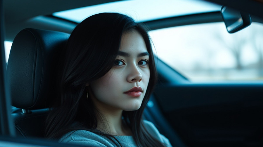 Young woman sitting in car, calm expression, interior view.