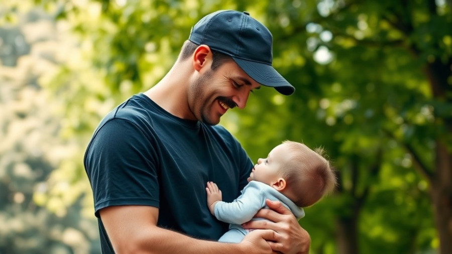 Comforting man holding child in park, greenery background.