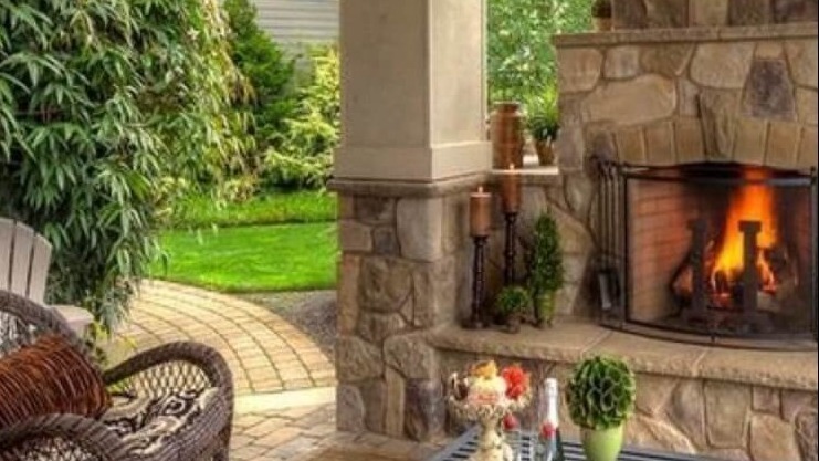 outdoor fireplace with furniture