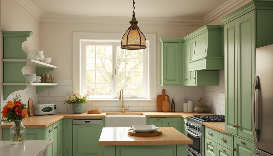 Charming kitchen with vintage green cabinets and natural decor.
