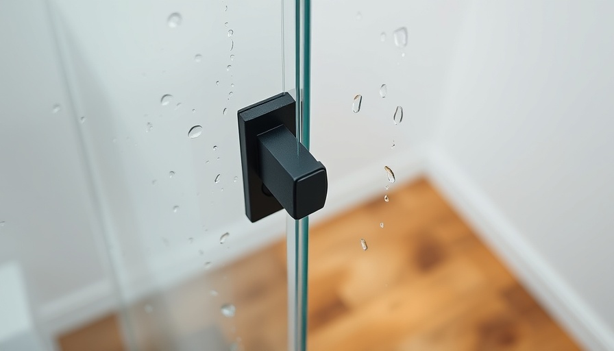 Close-up view of a wet hinged shower door showcasing its black hinge design.
