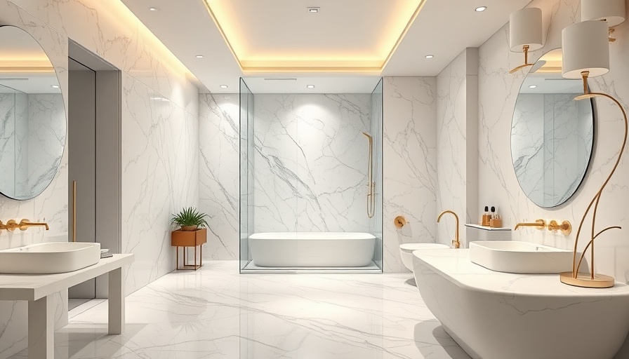 Luxurious marble bathroom with glass shower enclosure and gold accents.