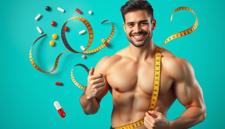 Fit man with weight loss pills and measuring tape, modern design.