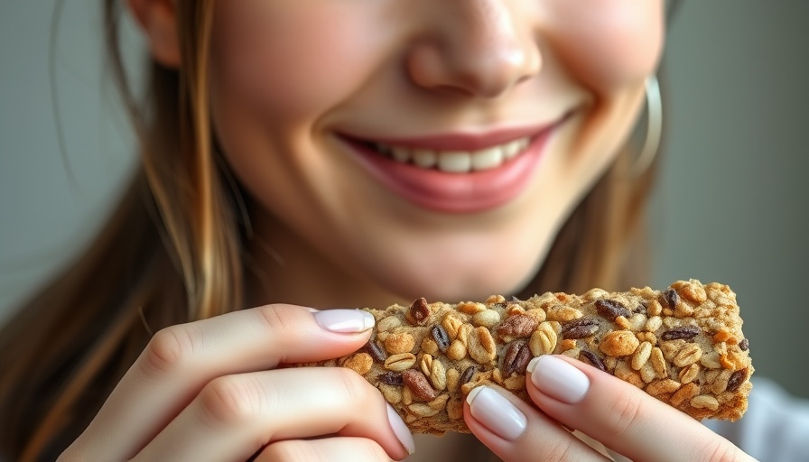Close-up of a woman eating a nut bar, best snack for weight loss.