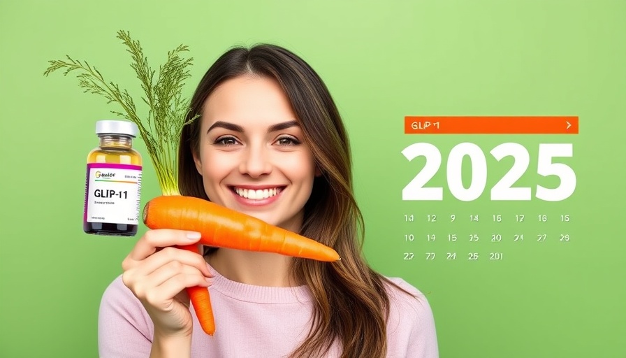 Smiling woman with GLP-1 medication and calendar in modern design.